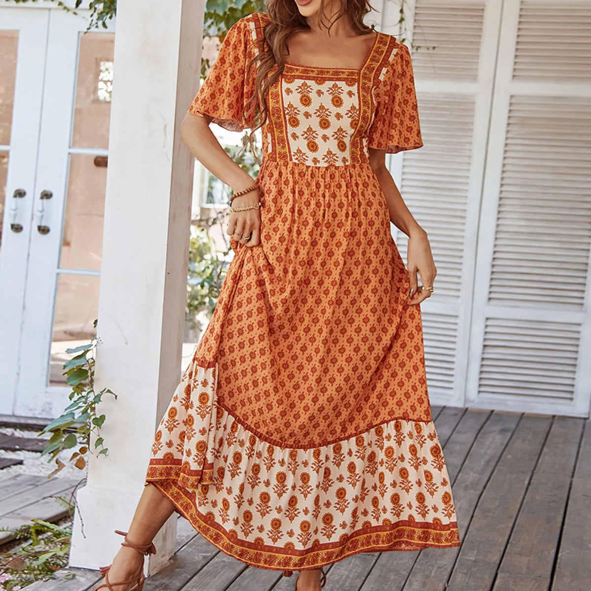 Bohemian Maxi Jurk met Vierkante Hals - Bayuna - 2